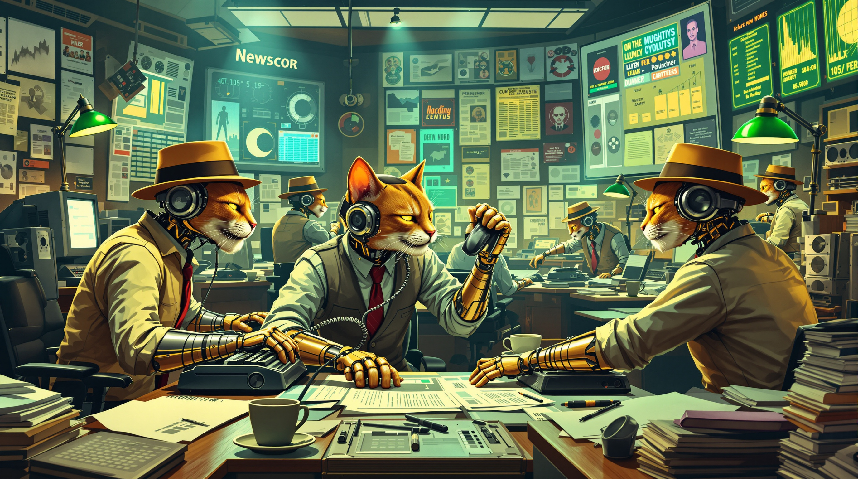 Robot cat reporters in fedoras and headsets working phones and teletypes in a busy retro newsroom